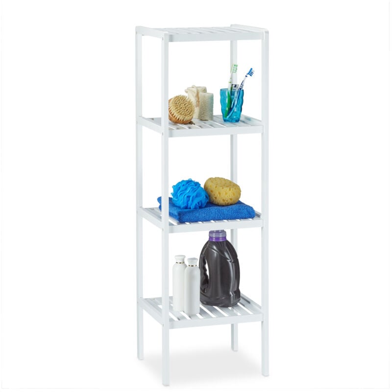 Tagère de salle de bain, lot de 2, bambou, meuble sur pied cuisine, bois, 4 niveaux, HxLxP: 110 x 34,5 x 33 cm, blanc