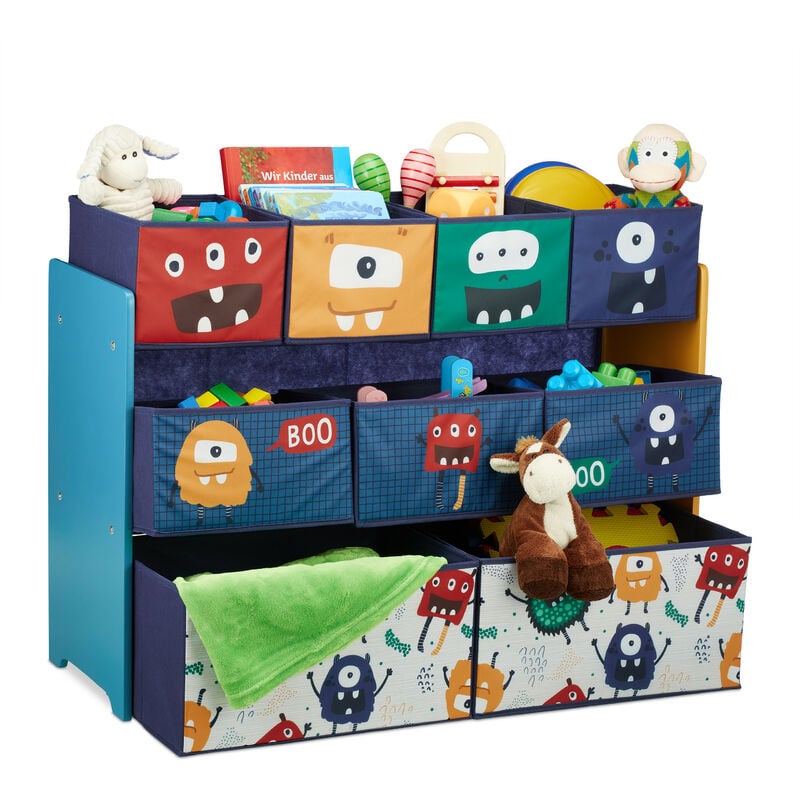 Relaxdays - tagère enfants à 9 boîtes, motif monstres, commode à jouets, hlp 70x92,5x30 cm, chambre d'enfant, multicolore
