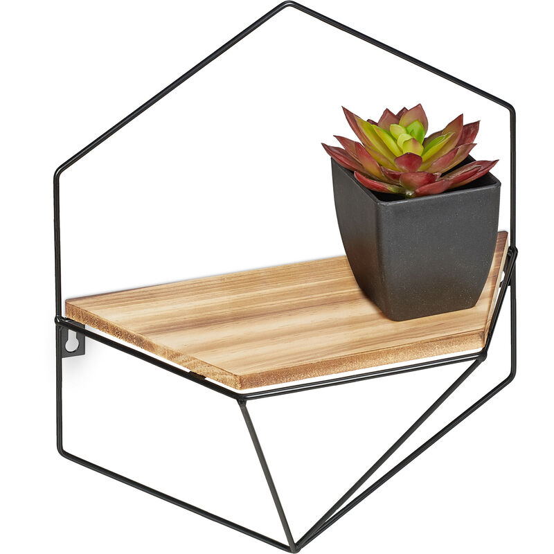 Tagère murale de forme hexagonale, 35 x 31 x 13,5 cm, fer et bois mdf, Salon, chambres cuisine, noir, brun - Relaxdays