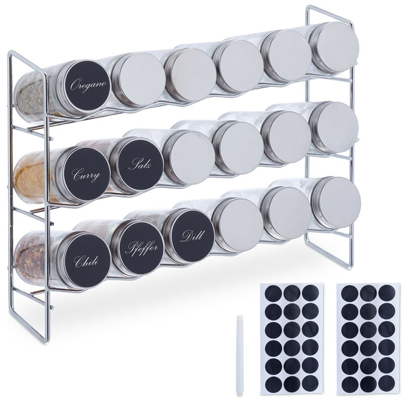 Relaxdays - tagère à épices avec 18 pots en verre, 36 étiquettes, conservation épices, HxLxP : 22 x 29 x 9,5 cm, argenté