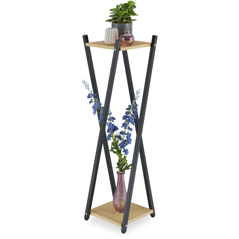 Relaxdays - tagère à plantes, 2 surfaces effet bois, tabouret moderne fleur, hlp : 99x29x29 cm, colonne, noir-brun clair