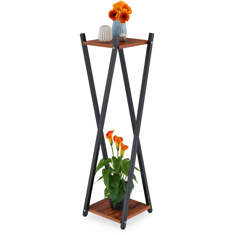 Relaxdays - tagère à plantes, 2 surfaces effet bois, tabouret moderne fleur, hlp : 99x29x29 cm, colonne, noir-brun foncé