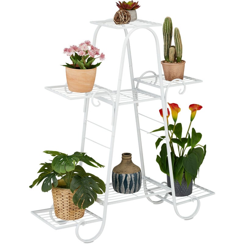 Tagère à plantes en métal, vintage, hlp : 83x75x24 cm, escabeau fleurs, intérieur, 7 emplacements, blanc - Relaxdays