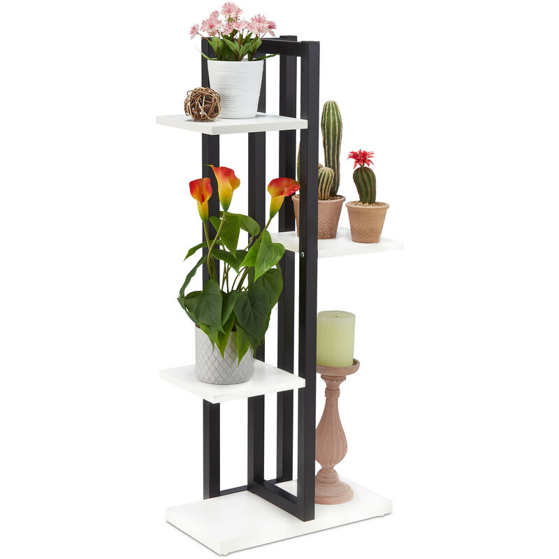 Tagère à plantes, escalier fleurs, 4 niveaux, hlp 93x42,5x22,5 cm, métal, support intérieur, blanc - Relaxdays
