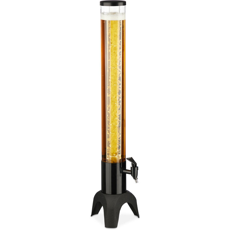 Tall Beer Tower with Tap, 2.5 Litres, Drinks Dispenser with Cooler, for Garden, Parties & Camping, Clear/Black - Relaxdays