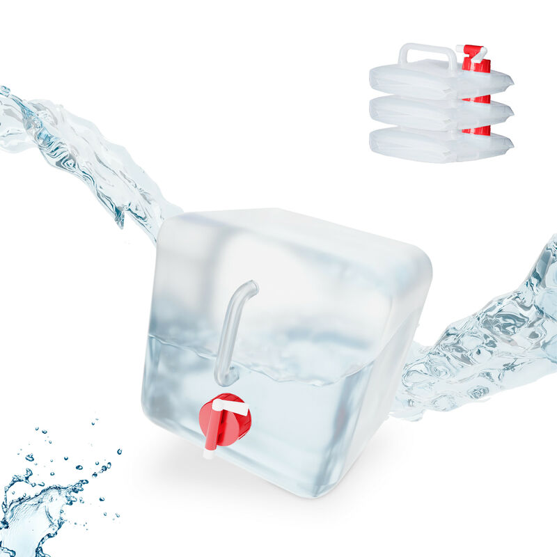 Tanica Pieghevole, Set 4 Contenitori, Rubinetto, Coperchio Svitabile, Manico, BPA-free,5 l, trasparente/rosso - Relaxdays