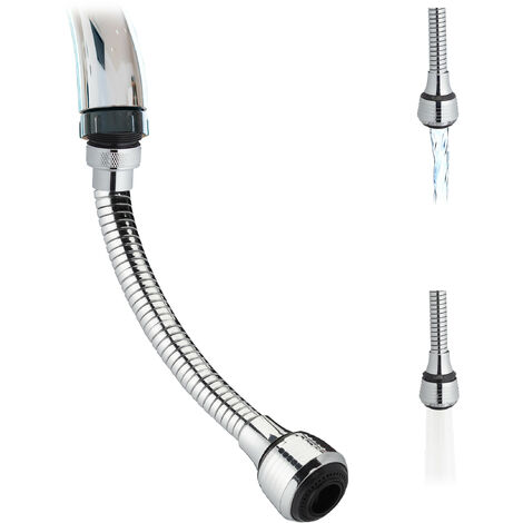 Relaxdays Tap Extension, Flexible Attachment, for Kitchen Tap, 2 Spray Types, 4 Threads: M16 to M24, 30 cm Long, Silver