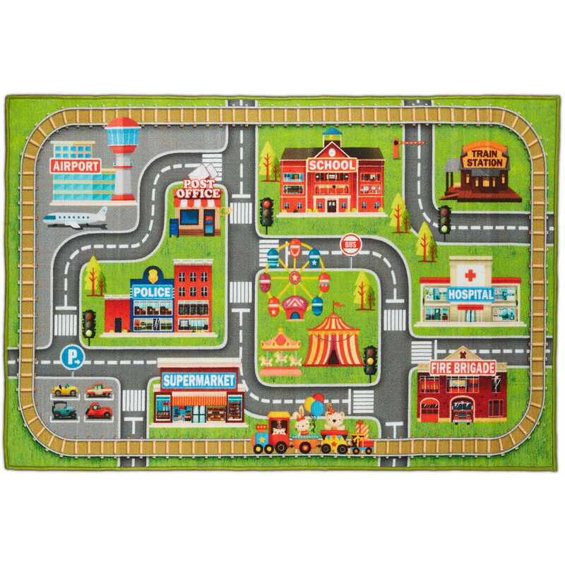 Relaxdays Tapis de jeux voiture, motif ville, antidérapant, pour votre enfant, polyester, L x P 150 x 100 cm, coloré