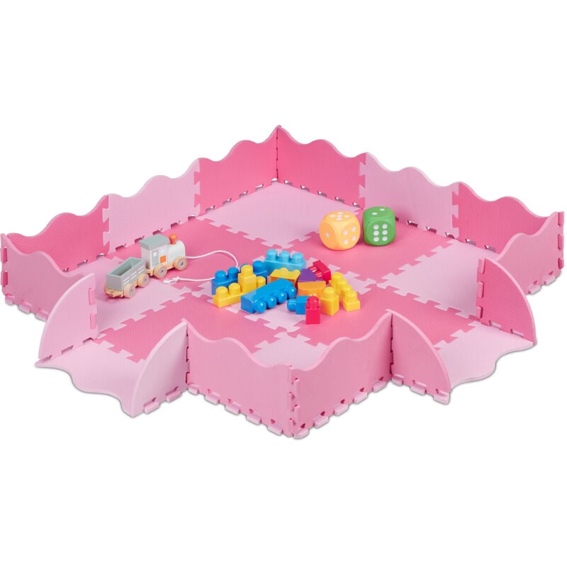 Tapis puzzle 25 pièces, mousse eva, sans substances nocives, 0,77 m2, dalle jeu enfant avec bord, rose - Relaxdays