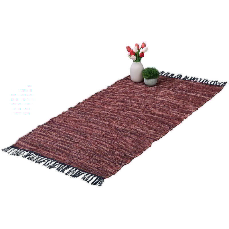 Tapis tissé, 70 x 140 cm, coton et cuir, descente de lit à franges, antidérapant, natte décorative, rouge - Relaxdays