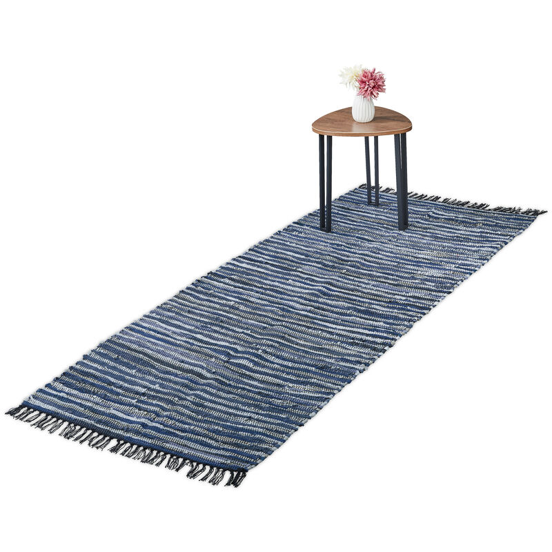 Tapis tissé, 80 x 200 cm, coton et cuir, descente de lit à franges, antidérapant, natte décorative, bleu - Relaxdays