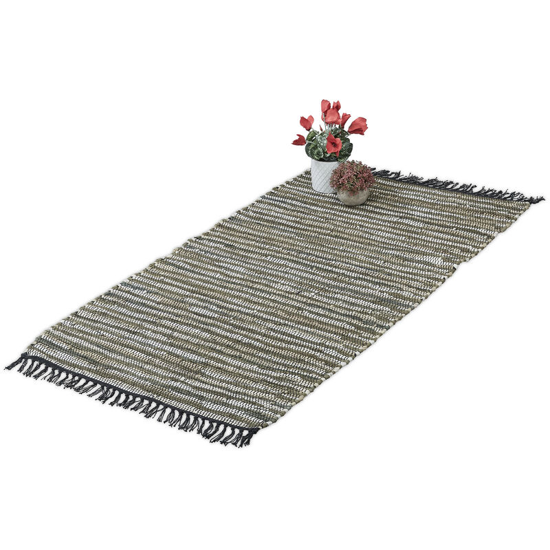 Tapis tissé, 70 x 140 cm, coton et cuir, descente de lit à franges, antidérapant, natte décorative vert - Relaxdays