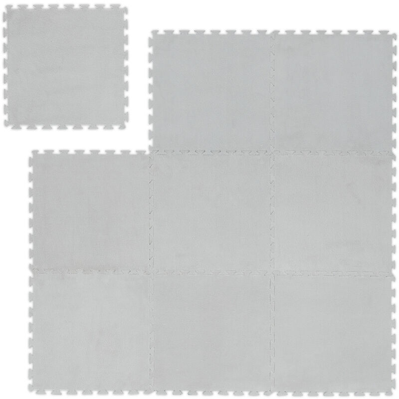 Relaxdays Puzzle Mat, Fluffy, 9 Pcs. 30 X 30 Cm, Floor Protection Carpet For Living Room, Eva & Polyester, Plug-in, Grey