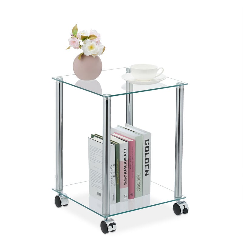 Side Table, Two Shelves, h x w x d: approx. 46 x 34 x 34 cm, Glass and Steel, Transparent/Silver - Relaxdays