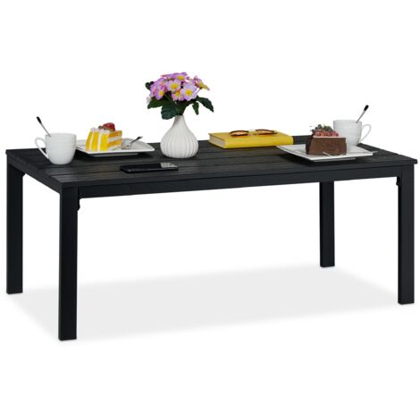 Relaxdays Tavolino da Giardino, 39 x 98 x 48 cm, Tavolo per Balcone e Terrazza, Aspetto Legno, Plastica e Acciaio, Nero