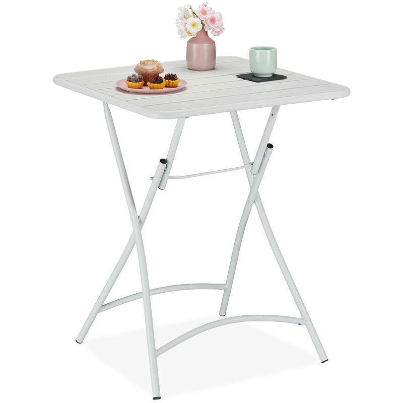 Tavolino da Giardino Pieghevole, HxLxP: 74 x 59 x 59 cm, Tavolo da Campeggio per Esterni, in Acciaio, Bianco - Relaxdays