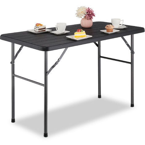 Relaxdays Tavolino Ripiegabile da Giardino, HLP 74 x 118 x 60 cm, Aspetto Legno, Tavolo di Plastica e Metallo, Nero