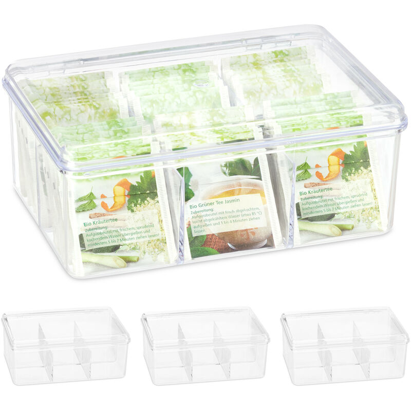 Relaxdays Set of 4 Tea Boxes, 6 Compartments, 90 Teabags, Hinged Lid, Flavour-Preserving, 9 x 21.5 x 14.5 cm, Clear
