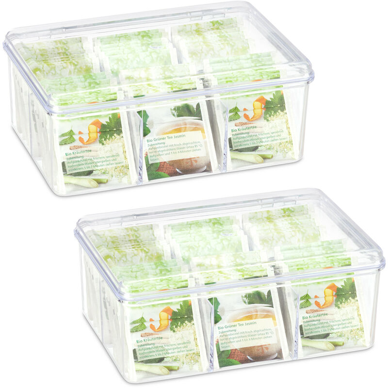 Relaxdays Set of 2 Tea Boxes, 6 Compartments, 90 Teabags, Hinged Lid, Flavour-Preserving, 9 x 21.5 x 14.5 cm, Clear