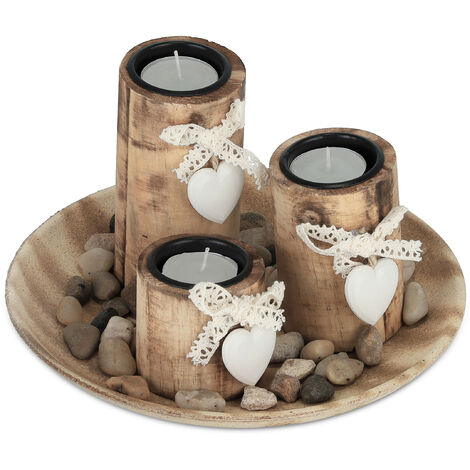 Relaxdays Tealight Holder Set, Round Decor Dish, with Candles & Pebbles, Table Centrepiece, Dining Room, Wood, Natural