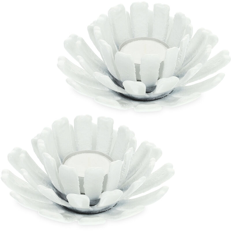 Relaxdays Teelichthalter, 2er Set, Blumenform, Teelichtständer Gusseisen, Drinnen & Draußen, Hxd, 6 X 13, 5 Cm, Weiß