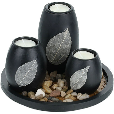 Relaxdays Teelichthalter Set mit Tablett & Steinen,  Ø 19,5 cm, Tischdeko Wohn- & Esszimmer, Kerzenhalter, schwarz/braun
