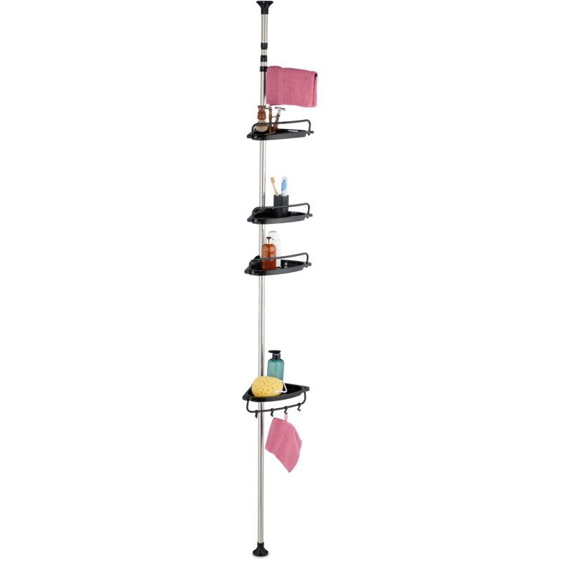 Telescopic Shower Caddy, 99-311 Cm, Corner Shelf, No Drilling, Tension Rod, With 4 Shelves & Towel Bar, Black - Relaxdays