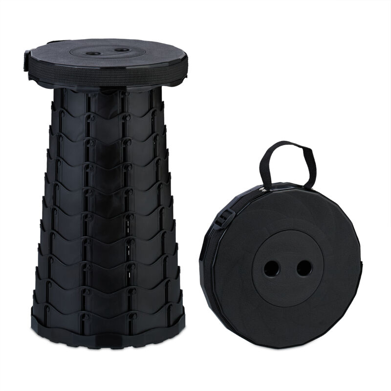 Relaxdays - Telescopic Stool, Foldable, Carrying Strap, Outdoor, Height-adjustable Camping Chair, 44.5 X 25 X 25 Cm, Black