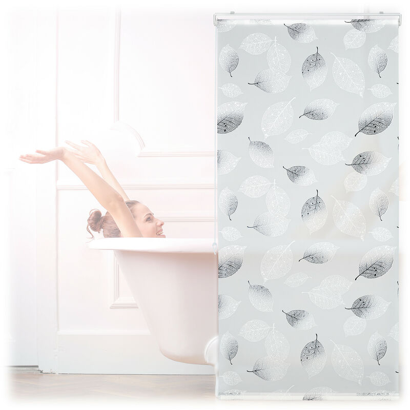 Relaxdays Shower Roller Blind, Leaf Pattern, Flexible Mounting, Pull-up Curtain For Bath & Window, Hxw, 80x240cm, Grey