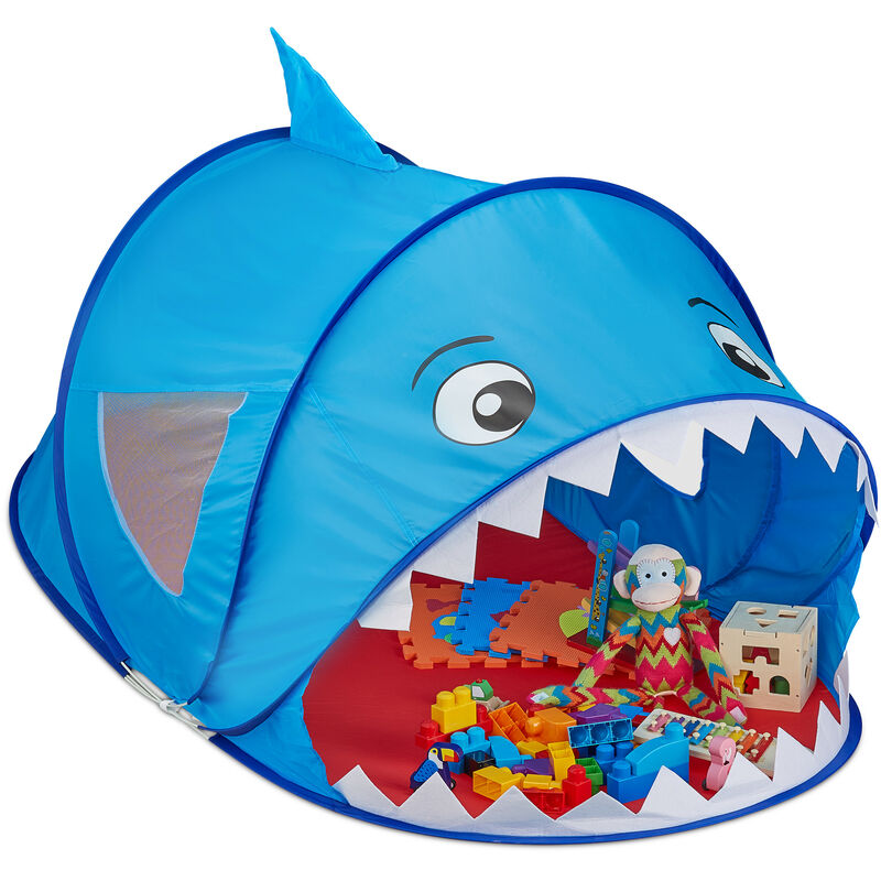 Children's Play Tent, Shark Animal, Pop Up, House, Indoor, Outdoor, Game, HxWxD: 86x100x182cm, Blue/Red - Relaxdays