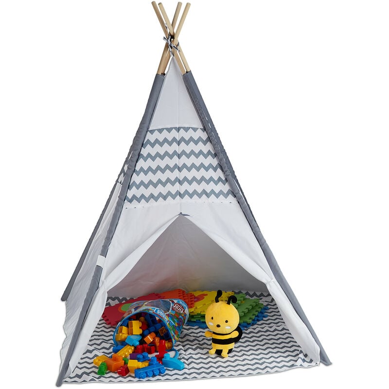 Children's Tipi Tent, with Floor, Wigwam, hwd: 150 x 120 x 120 cm, Indoor, Wooden Frame, Playroom, White/Grey - Relaxdays