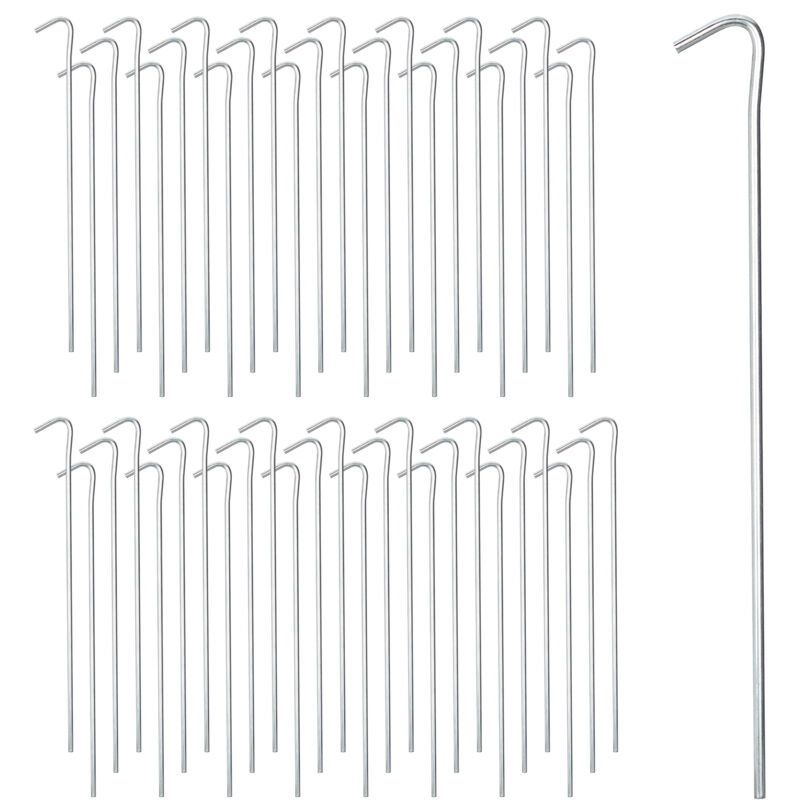 Set Of 100 Tent Pegs, Ground Anchor For Hard Soil, Camping, Stainless Steel Hooks, Metal, Length 22 Cm, Silver - Relaxdays