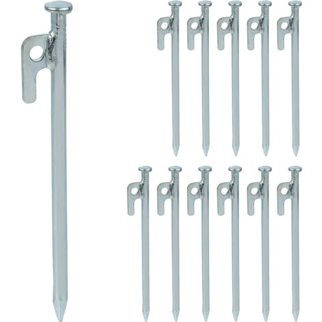 Relaxdays Tent Pegs Set of 12, Stainless Steel Hooks, Ground Anchor for Hard Soil, Camping, Awning, HxD 20cm, Silver