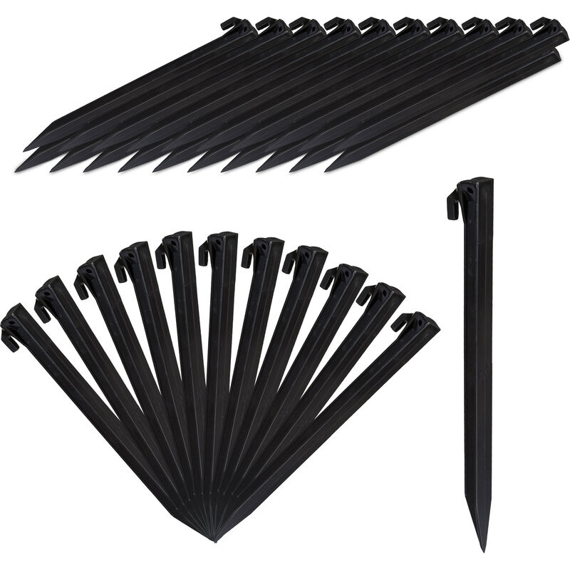 Tent Pegs Set of 32, Lightweight Anchor Pins, Soft & Sandy Terrain, 31 cm Long, Plastic, Stakes, Black - Relaxdays