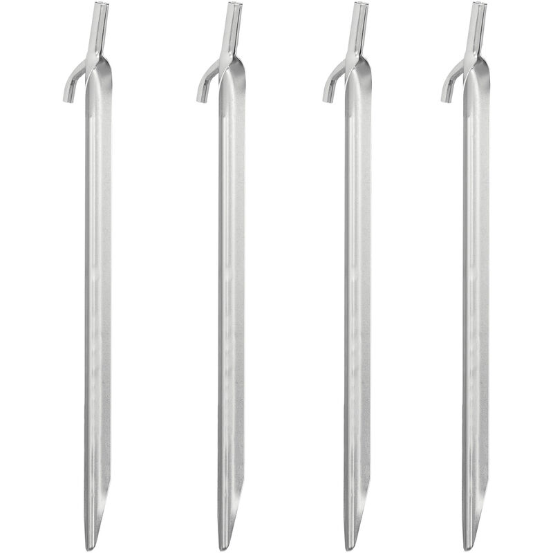 Tent Pegs Set of 4, Ground Anchor for Hard Soil, Camping, Galvanized Steel Hooks, Metal, Durable, 30cm, Silver - Relaxdays