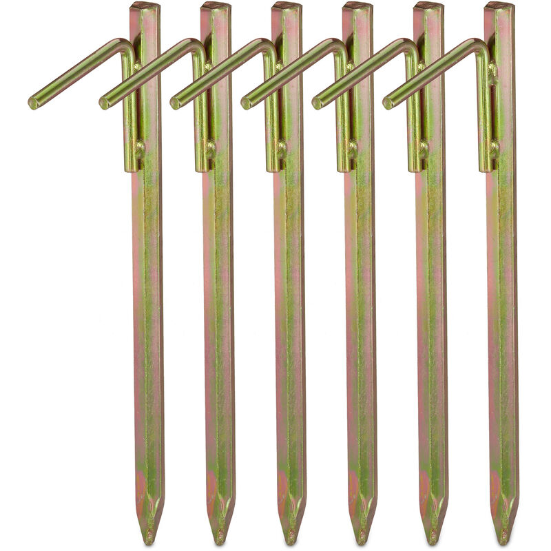 Relaxdays - Tent Pegs Set of 6, Ground Anchor for Hard Soil, Camping, Galvanised Steel Hooks, Metal, Durable, 30cm, Gold