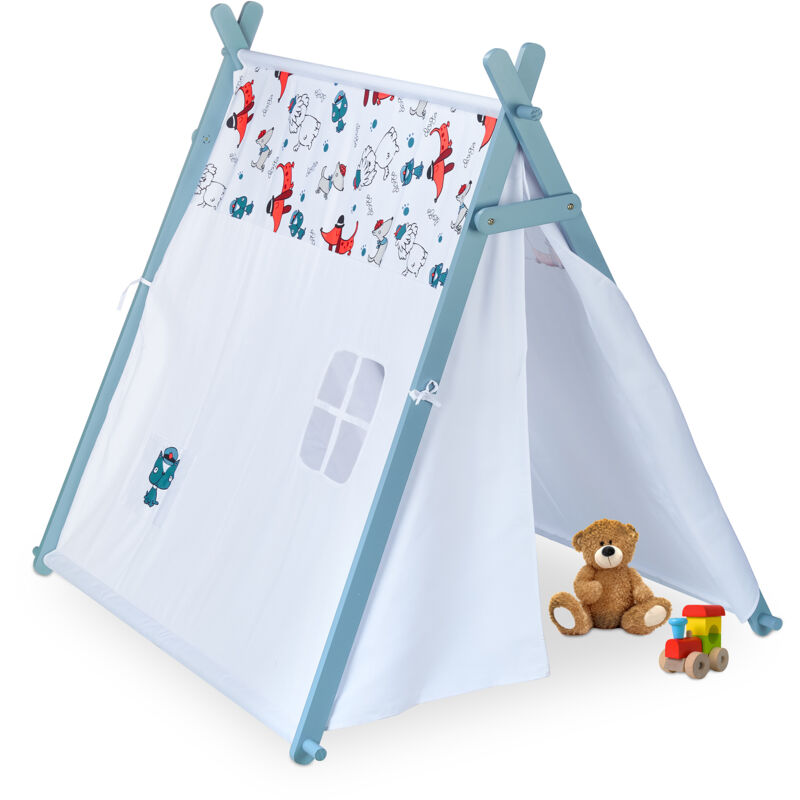 Tente de jeu enfants, motif chiens, tipi pour enfants, HxLxP : 130x111x137 cm, intérieur, blanc turquoise - Relaxdays
