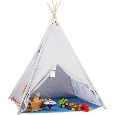 Relaxdays Tente de jeu pour enfants Tipi intérieur extérieur tente indiens dès 3 ans HxlxP: 155 x 125 x 125 cm, gris
