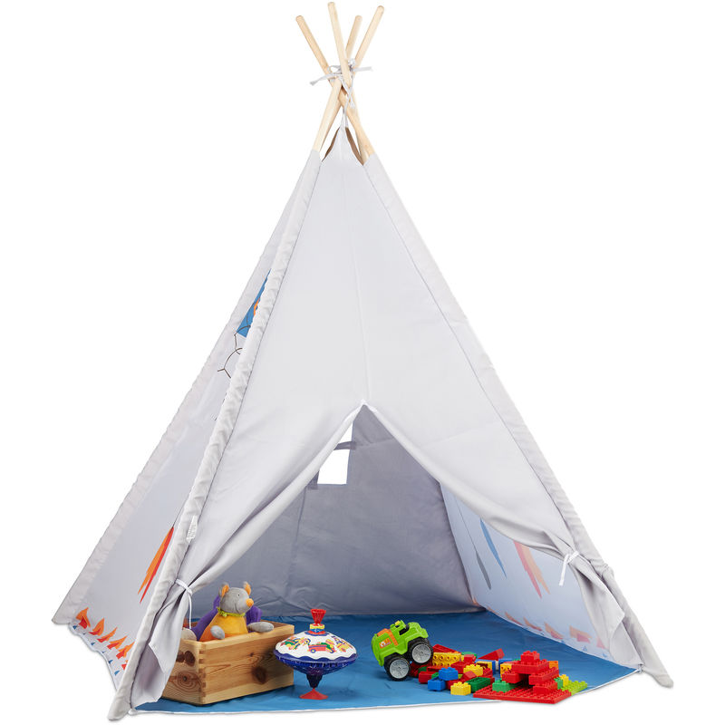 Tente de jeu pour enfants Tipi intérieur extérieur tente indiens dès 3 ans HxlxP: 155 x 125 x 125 cm, gris - Relaxdays