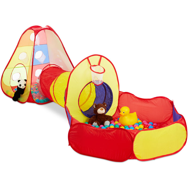 Tente de jeu Tunnel piscine à balles enfants panier basket 3 pièces Pop Up 100 boules 3 ans, coloré - Relaxdays