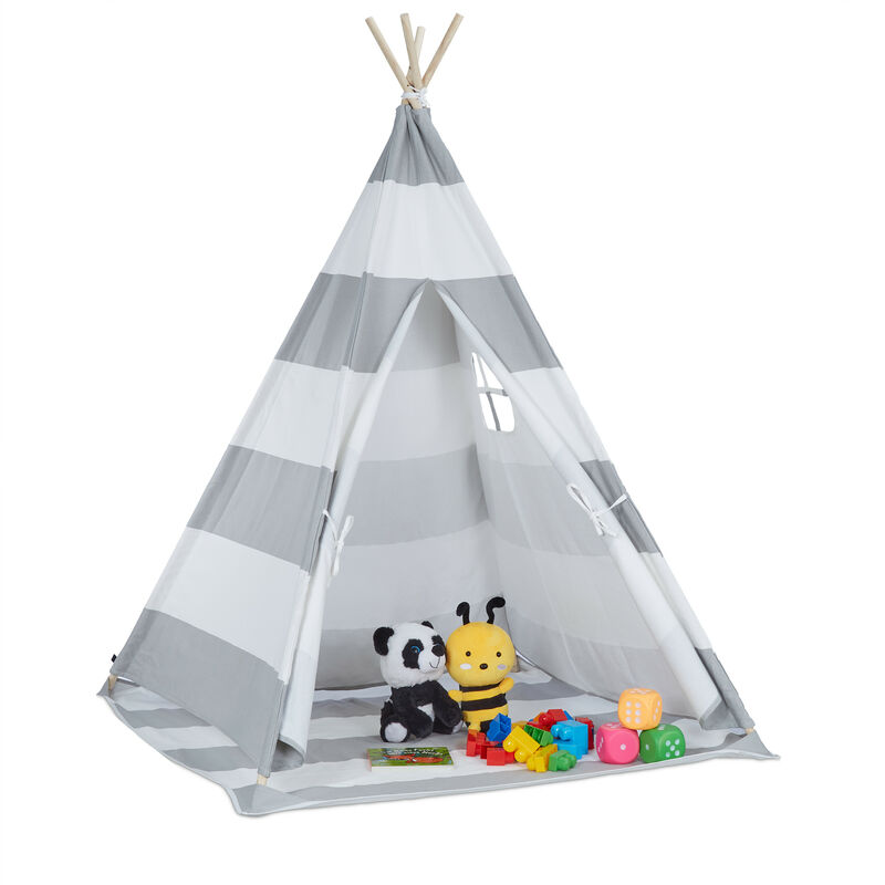 Relaxdays - Tente pour enfants en forme de tipi, h x l x p : 160 x 120 x 120 cm, chambre garçons et filles, blanc et gris