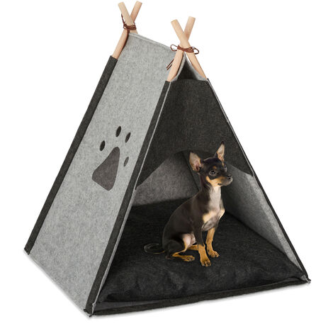 Tente tipi pour animaux - teepee chien chat - coussin épais grand confort  inclus - structure bois de pin feutre polyester gris