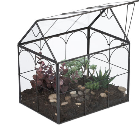 Relaxdays Terrario Piante, Mini Serra in Vetro e Zinco, Teca per Piantine Grasse e Muschi, Vaso Ecosistema Chiuso, Nero
