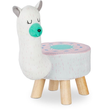 Relaxdays Tierhocker Lama für Kinder, Plüschbezug, rund, Sitzgelegenheit Kinderzimmer, Kinderhocker Tiermotiv, weiß
