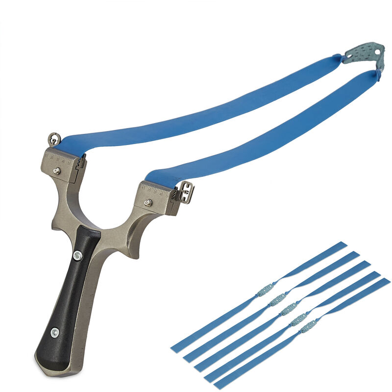 Relaxdays Lance-pierre, 5 élastiques de rechange, pour professionnels de + de 18 ans, acier, points de visée, coloré