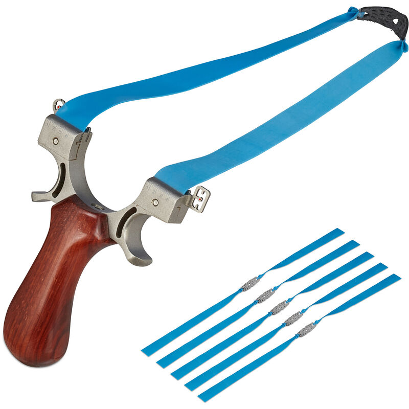 Relaxdays - Lance-pierre, 5 élastiques de rechange, pour professionnels + de 18 ans, acier, bois, points de visée, coloré