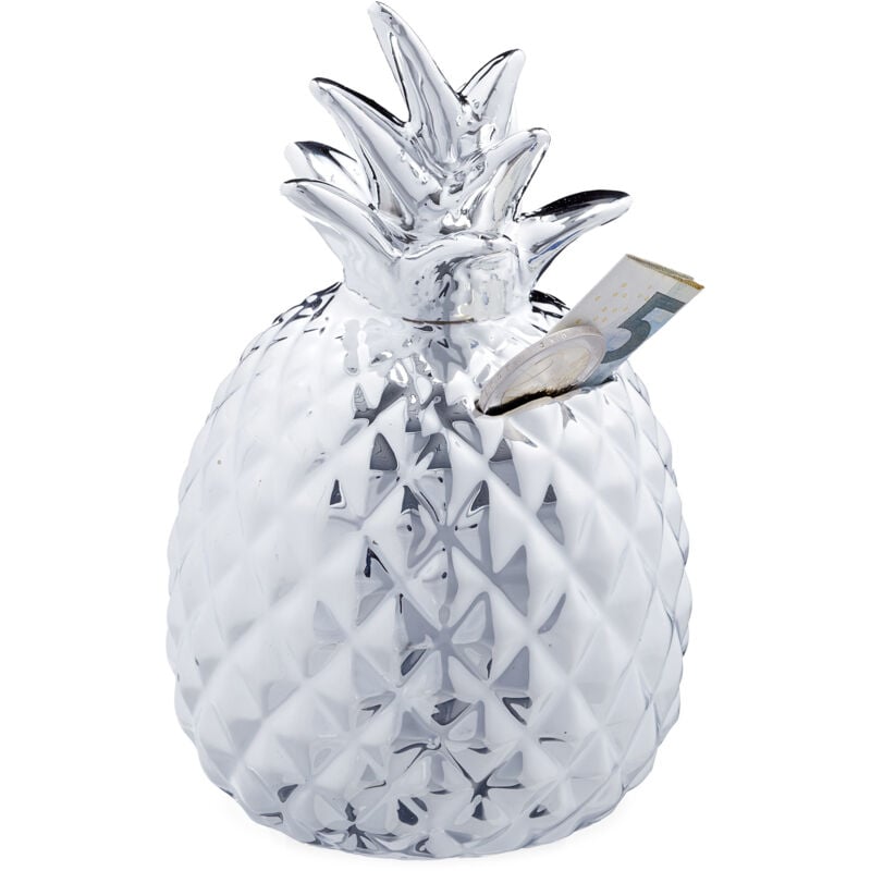 2x tirelires ananas, cochon déco boite économies épargnes pièces monnaies serrure céramique HxD: 16 x 9 cm, argenté