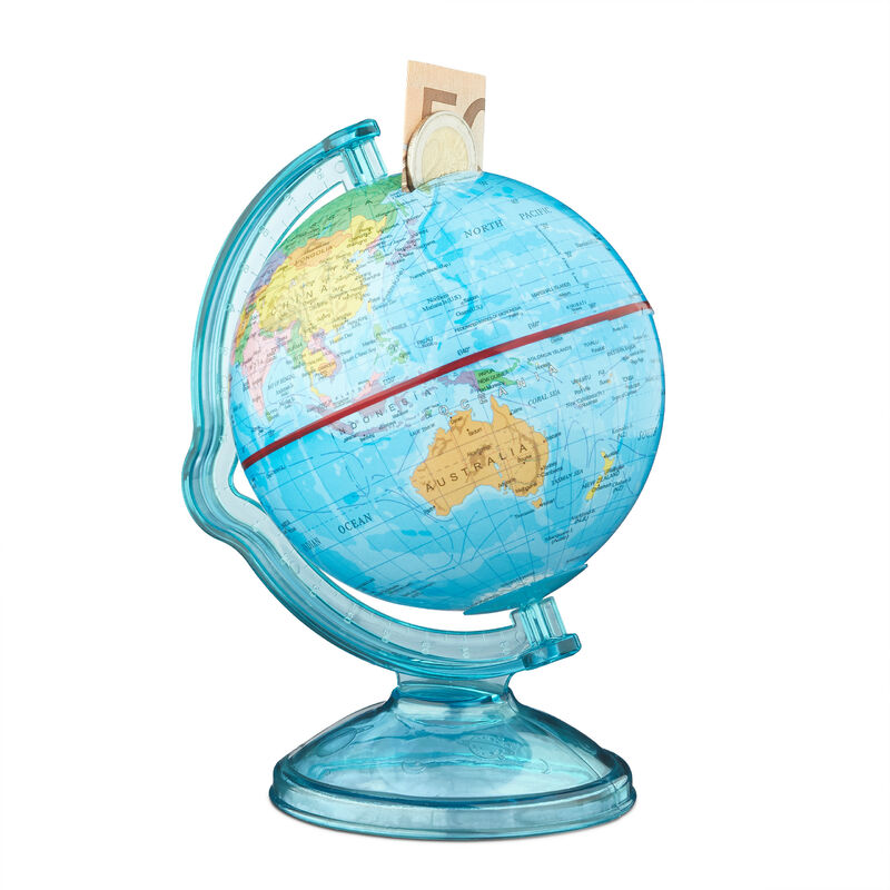 Tirelire globe boîte pour économiser pièces monnaie carte du monde en anglais voyage HxlxP: 16,5 x 14 x 14 cm, coloré