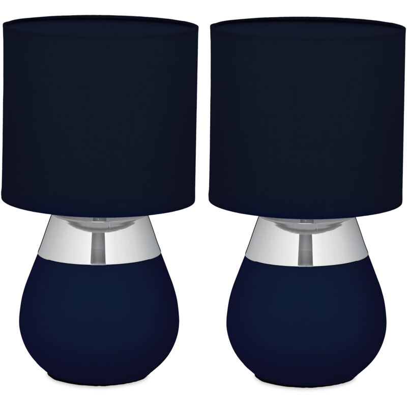 Tischlampe, 2er Set, Metallfuß, Stoffschirm, E14, H X D, 32 X 18 Cm, Nachttischlampe Mit Kabel, Blau/silber - Relaxdays