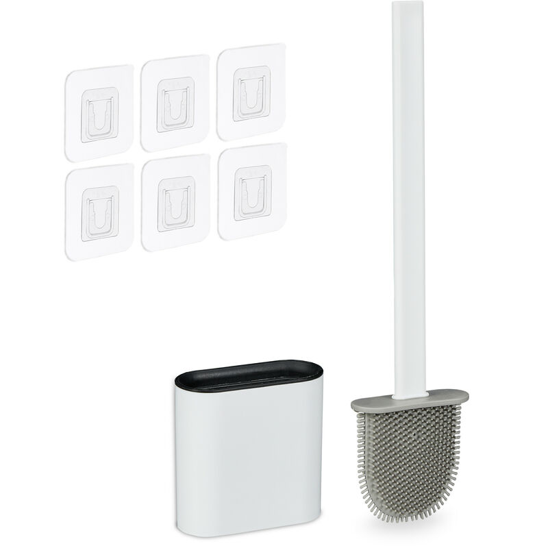 Relaxdays - Flat Toilet Brush, Flexible Tpr, Loo Rim Cleaner, Antibacterial, Wall-Mounted Holder, Thin Silcone, White/Grey